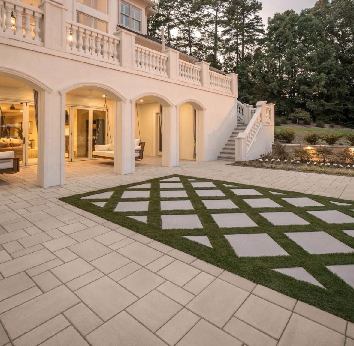 Mansion patio with grass inlay